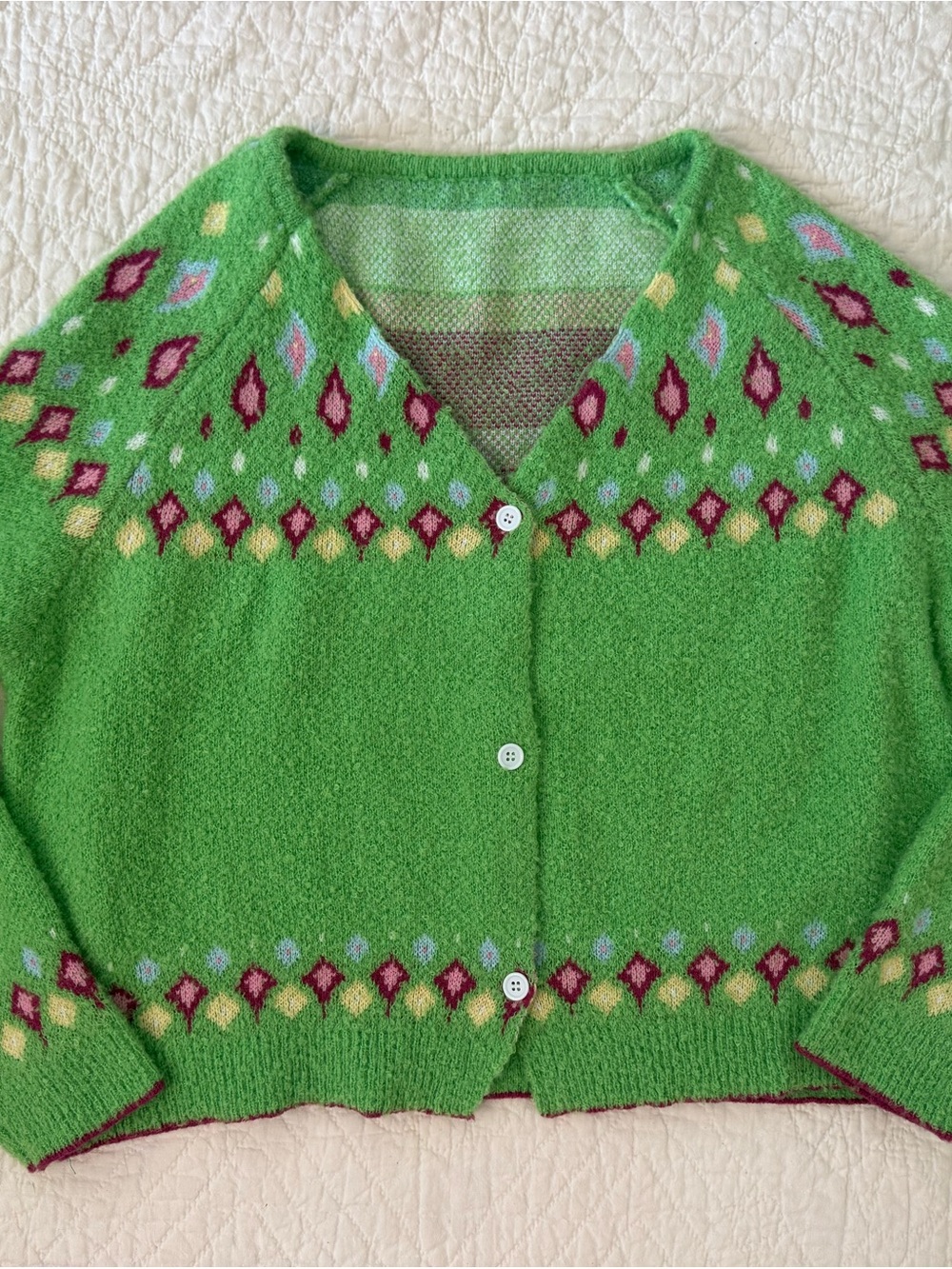 Green Patterned V-Neck Cardigan Sweater